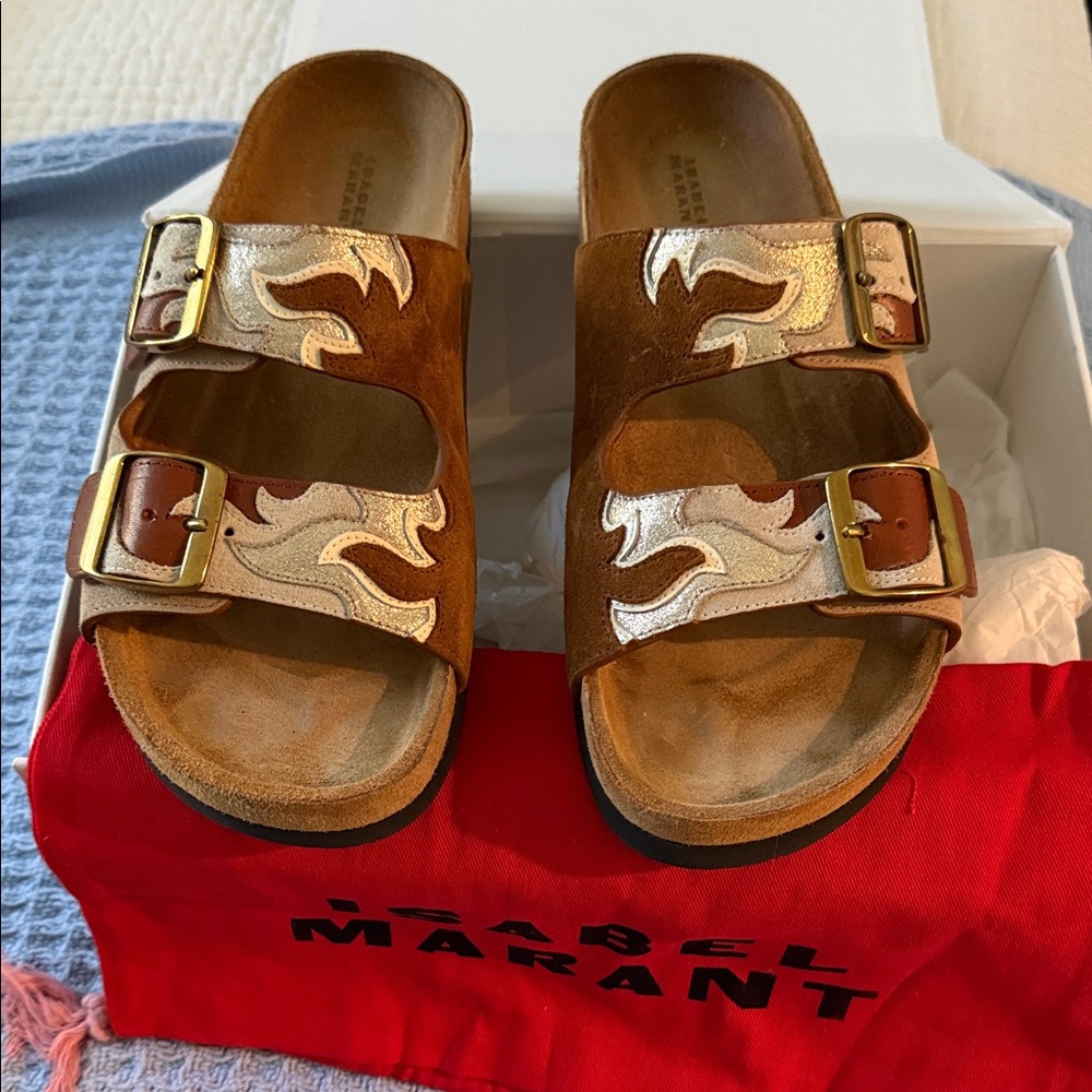 Isabel Marant Tan Suede Sandals with Silver and Gold Buckles
